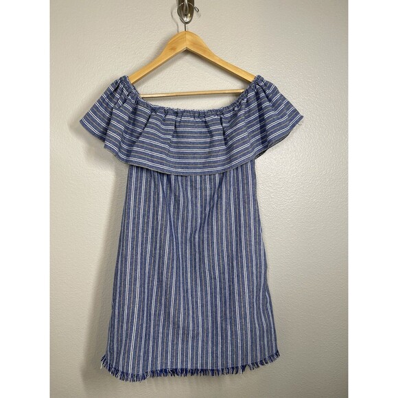 Love Riche | Off Shoulder Mini A-Line Dress Striped Linen‎ Cotton Blue | Medium - Picture 10 of 12
